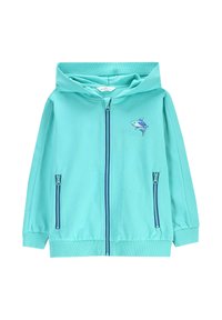 Jasnoniebieska bluza z suwakiem wykonana z miękkiego materiału, z grafiką rekina na klatce piersiowej i dwoma bocznymi kieszeniami zapinanymi na zamek.