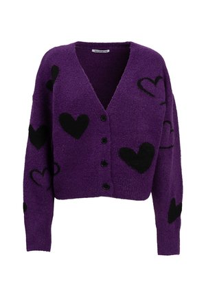 Cardigan viola con bottoni, maniche lunghe, decorato con diverse forme di cuori neri sul davanti e sulle maniche.