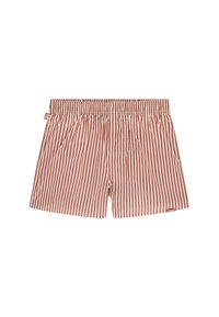 Boxers rayés rouges et crème avec une taille élastique et une petite étiquette sur le côté. Le tissu semble léger avec une texture lisse.