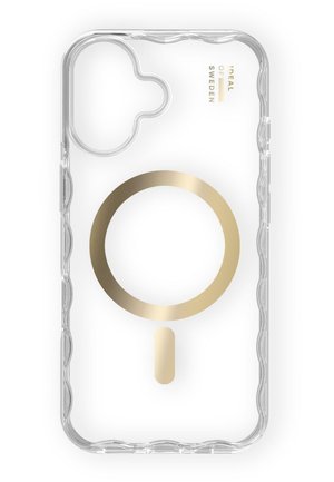 Clear phone case featuring a large gold circle and vertical line design. Textured edges and cutouts for camera lens and buttons.
