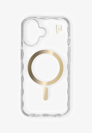 Aišku telefono dėklas su dideliu auksiniu ratu ir vertikalios linijos dizainu. Tekstūruoti kraštai ir pjūviai kameros objektyvui bei mygtukams.