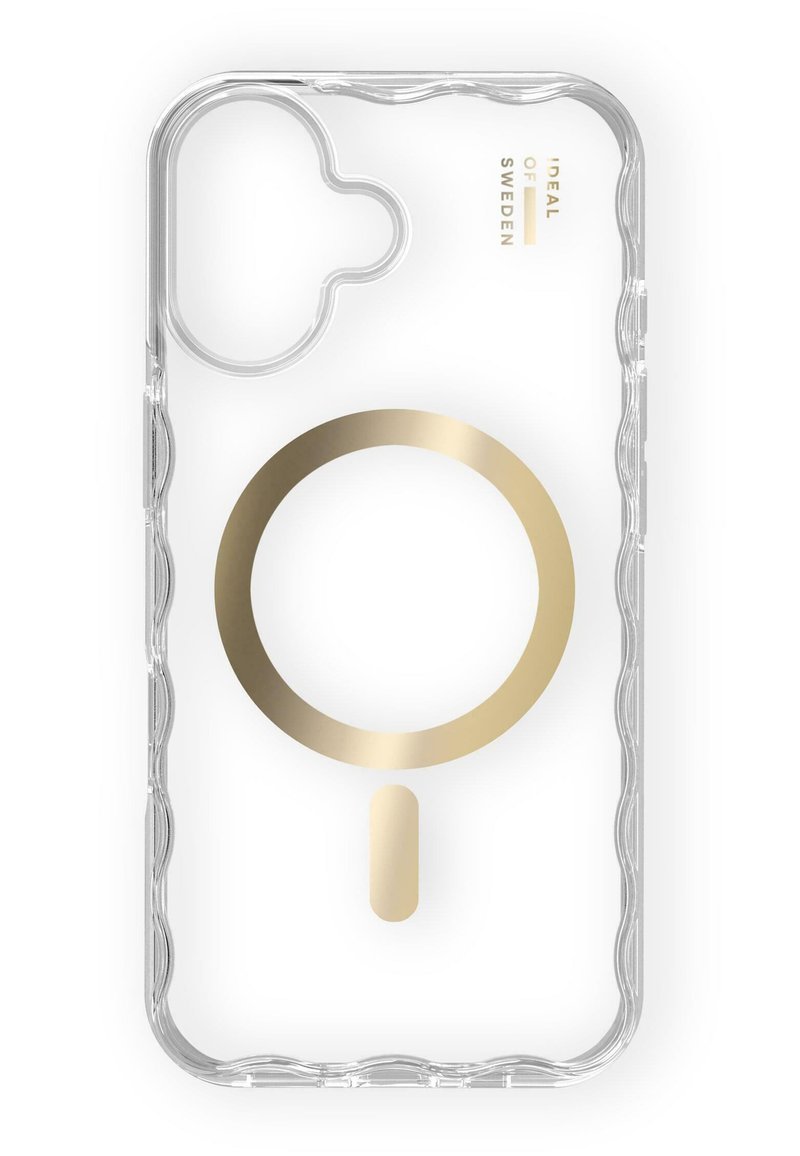 Custodia trasparente per telefono con un grande cerchio dorato e un design a linee verticali. Bordo testurizzato e ritagli per l'obiettivo della fotocamera e i pulsanti.