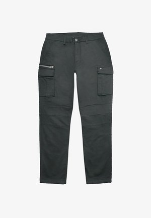 Juodi cargo kelnės, pagamintos iš patvaraus audinio, su dviem šoninėmis kišenėmis ir priekinia kišene su užtrauktuku, tiesaus kirpimo dizainu.
