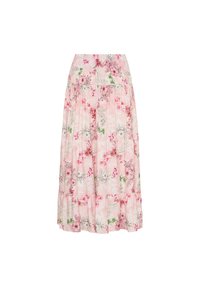 Blomstrete maxiskørt i lys pink, med flerfarvede blomster, en sammensyning design og en elastisk talje for fleksibilitet.