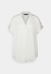 Camicia bianca a maniche corte con colletto, tessuto leggero, leggero lucido e parte anteriore con bottoni parzialmente chiusi. Taglio dritto con spacchi laterali.