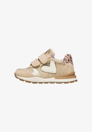 Gold and beige children's sneaker with velcro straps, heart accent, and leopard print on the heel. Features textured fabric and rubber sole.