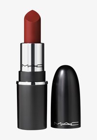 MAC lipstick with a matte reddish-brown bullet, housed in a sleek black casing with silver accents, featuring a rounded tip for precise application.