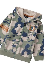Felpa con zip mimetica nei toni del verde e del beige, con strisce arancioni, grafiche stampate, e polsini e orlo a coste. Dispone di tasche.