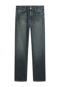 Jeans blu scuro a gamba dritta con design classico a cinque tasche e chiusura con bottone, caratterizzati da sottili dettagli sbiaditi sul davanti.