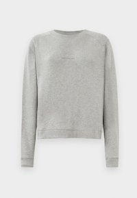 Šedá mikina s dlouhými rukávy, kulatým výstřihem a ribbed manžetami. Na přední straně se nachází decentní logo. Měkká, texturovaná látka.
