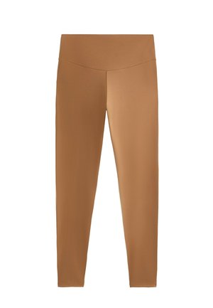 Bruine leggins met een gladde textuur, hoge taille en zonder zichtbare naden of accenten. Gemaakt van rekbare, lichtgewicht stof.