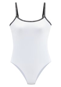 Maillot de bain une pièce blanc avec de fines bretelles noires. Présente un design épuré avec une bande logo le long des bretelles. Texture lisse sur l'ensemble.