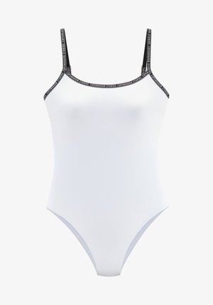 Bela enodelna kopalke z tankimi črnimi naramnicami. Ima eleganten dizajn z logotipno elastiko ob naramnicah. Gladka tekstura po celotni površini.