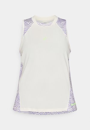 Ujjatlan sportfelső törtfehér színben, lila hullámos mintával az oldalakon, texturált anyagból, elöl fényvisszaverő márkajelzéssel.