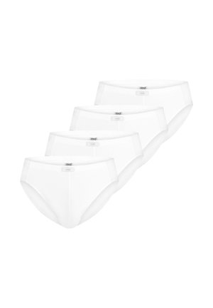 Quattro slip bianchi in cotone disposti in una pila sfalsata, ciascuno con una piccola etichetta con la scritta "mey" sulla fascia centrale della vita.