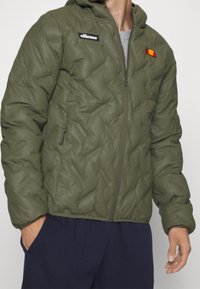 Mand iført en olivengrøn, quilted jakke med lynlås og logoer på brystet, parret med marineblå bukser og en lys grå skjorte under.