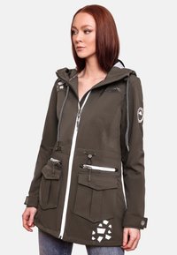 Olive green jacket with a hood, front zipper, multiple pockets, and white accents. Made from textured fabric, features a logo on the chest.