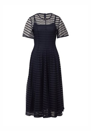 Schwarzes Midikleid mit durchsichtigen kurzen Ärmeln und horizontal gestreiftem Netz-Überzug, tailliertem Oberteil und ausgestelltem Rock.