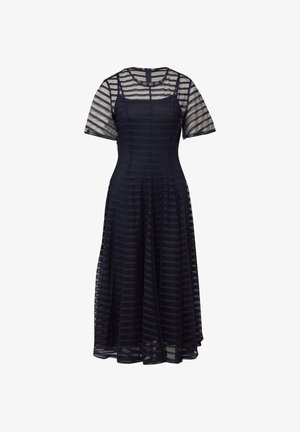 Czarna midi sukienka z przezroczystymi krótkimi rękawami i poziomą siateczką w paski, dopasowanym gorsetem i rozkloszowaną spódnicą.
