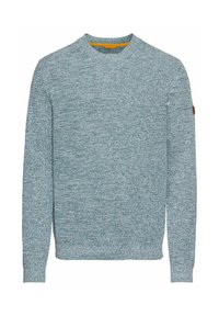 Light blue knitted sweater with a crew neckline, textured fabric, and ribbed cuffs. Features a small brown logo patch on the sleeve.