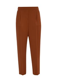Pantalon sur mesure couleur rouille avec taille haute, plis à l'avant et coupe fuselée, présenté sur un fond blanc.