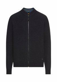 Dunkelblauer, gerippter Reißverschluss-Pullover mit hohem Kragen, der einen kontrastierenden Innenkragen und ein kleines Logo am Saum aufweist. Weiche Textur.