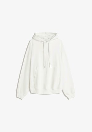 Weiße Kapuzenjacke aus Fleece-Material, mit Känguru-Tasche, verstellbarem Kapuzenschnürung sowie gerippten Bündchen und Saum.