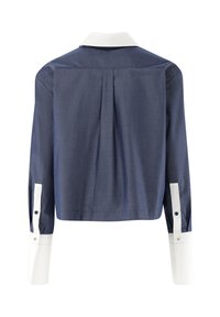 Navy blue long-sleeve shirt with a white collar and cuffs, featuring a pleated back and button accents on the sleeves.