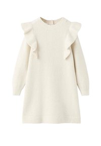 Krémově zbarvené pletené šaty s dlouhými rukávy, s volánky podél ramen, kulatým výstřihem a žebrovaným lemem. Měkká textura.