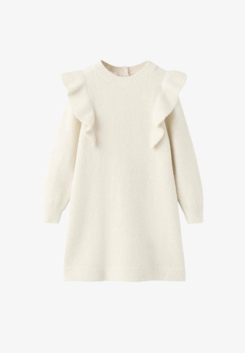 Abito in maglia color crema con maniche lunghe, decorato con balze sulle spalle, scollo tondo e orlo a coste. Tessuto morbido.