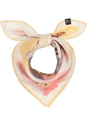 Silk scarf in soft pastel yellow, pink, and beige tones, tied with two ears standing up, showing a small black brand tag.