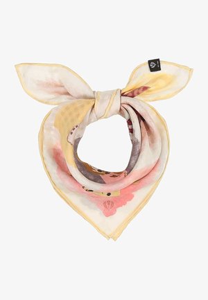 Silk scarf in soft pastel yellow, pink, and beige tones, tied with two ears standing up, showing a small black brand tag.