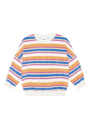 Børns langærmede crewneck sweater med horisontale striber i orange, blå, pink, hvid og gul.