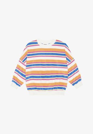 Børns langærmede crewneck sweater med horisontale striber i orange, blå, pink, hvid og gul.