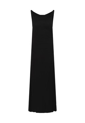 Black sleeveless floor-length dress with draped neckline and straight silhouette, displayed on a white background.