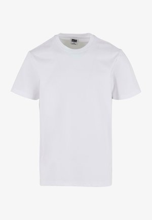 Fehér pamut póló kerek nyakkivágással, rövid ujjakkal és laza fazonnal. Simább textúra, látható minták vagy díszítések nélkül.