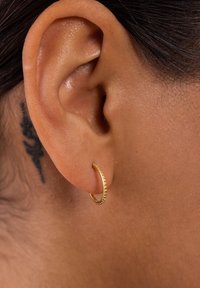 Goldene Ohrhängerringe mit strukturiertem Oberflächen, die kleine erhabene Punkte entlang des äußeren Randes aufweisen. Am Ohrläppchen getragen.