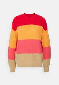 Strickpullover mit breiten horizontalen Streifen in Rot, Rosa, Gelb und Beige. Verfügt über einen Rundhalsausschnitt und gerippte Bündchen. Weiche Textur.