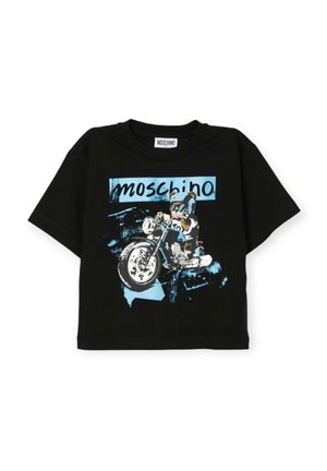 Schwarzes Baumwoll-T-Shirt mit einem grafischen Motiv eines Bären auf einem Motorrad, mit blauen und weißen Akzenten, die den Markennamen "Moschino" zeigen.
