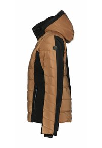 Gewatteerde jas met een capuchon, met een bicolor ontwerp in bruin en zwart, ritszakken aan de zijkant en een gestructureerde, gequiltte afwerking.