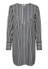 Túnica de rayas azul marino y crema con escote redondo, mangas largas y tapeta corta; la tela parece ligera y suave.