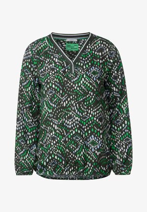 T-shirt noir à manches longues avec un motif vibrant de points verts, blancs et bleus. Design en V avec un ourlet élastique et des poignets. Fabriqué en tissu léger.