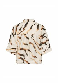 Chemise à manches courtes boutonnée avec fond beige et motif abstrait de rayures de tigre marron et noir, vue de dos.