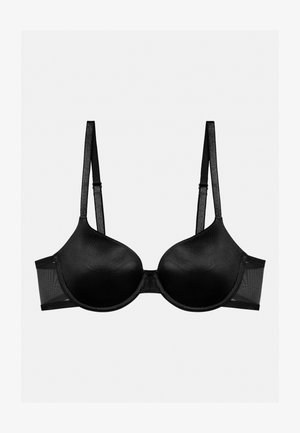 Schwarzer gepolsterter BH mit satinartigen Cups, verstellbaren schlanken Trägern und Netz-Seitenpaneelen. Glatte Textur mit nahtlosem Design.