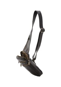 Borsa a tracolla in pelle nera con design trapuntato, due tasche anteriori con zip, tracolla regolabile e fodera interna a motivi.