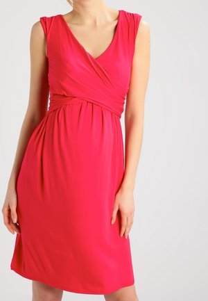 Fuchsia sleeveless dress with a V-neck and wrap design. Made of soft fabric, features gathered waist and a knee-length skirt.