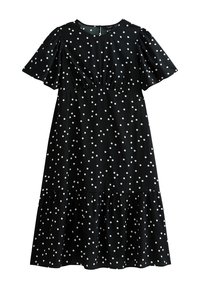 Schwarzes Kleid mit weißen Punkten, kurzen Puffärmeln, gerafftem Oberteil und gestuftem Rock. Hergestellt aus glattem Stoff mit leichtem Glanz.