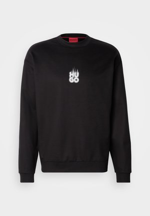 Black sweatshirt made of cotton, featuring a crew neck, long sleeves, and a white flame-style "HUGO" logo on the front.