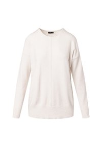 Jasno beżowy sweter wykonany z miękkiego materiału, charakteryzujący się szerokim okrągłym dekoltem, opadającymi ramionami oraz ściągaczem u dołu i na mankietach. Detale szwów z przodu.