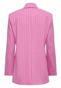 Blazer rosa a righe con colletto a punte, maniche lunghe e una fessura posteriore singola. Realizzato in un tessuto liscio con una vestibilità sartoriale.